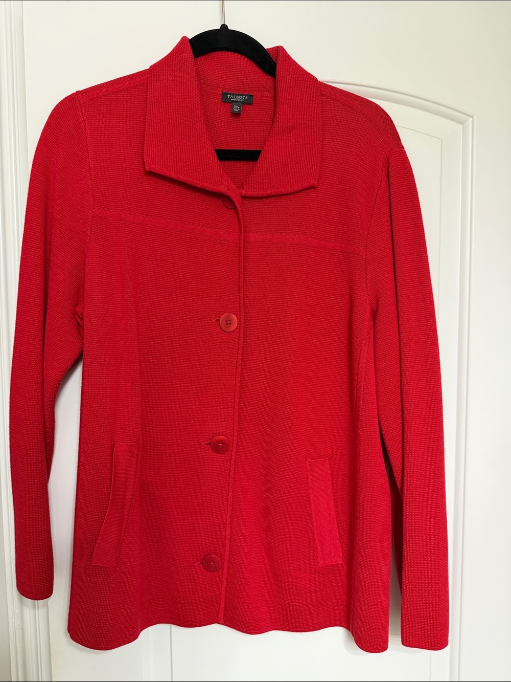 Talbots Bright Red Button-Front Knit Blazer. #705